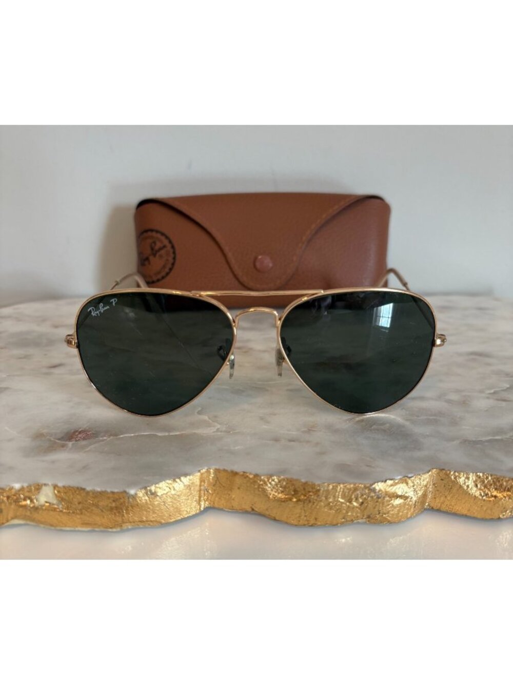 Ray-Ban Aviator Polarized Sunglasses Gold Green Lens Case Cracked Lens AS-IS
